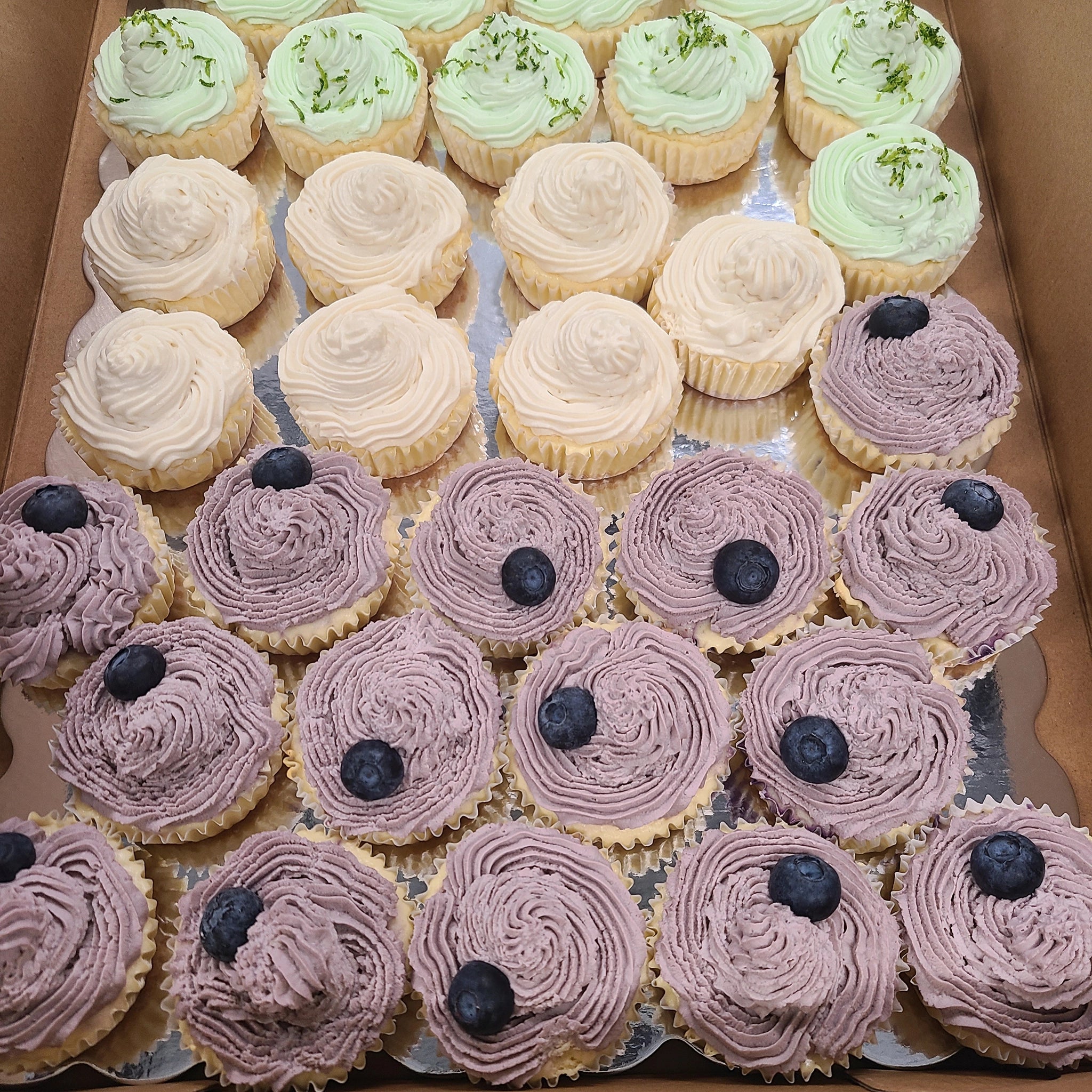 A tray of assorted mini cheesecake cups with decorative toppings. The flavors appear to include Key Lime with lime zest, plain, and blueberry topped with fresh blueberries, each featuring piped creamy frosting in different colors.